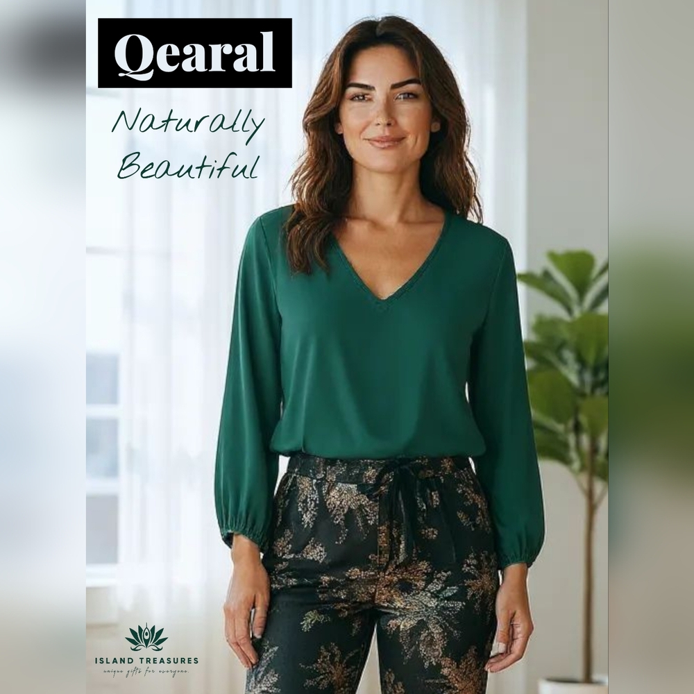 NWT Quearal Lush Green V-Neck Long Sleeve Blouse Sz XXL Women Top W/Inner Lining